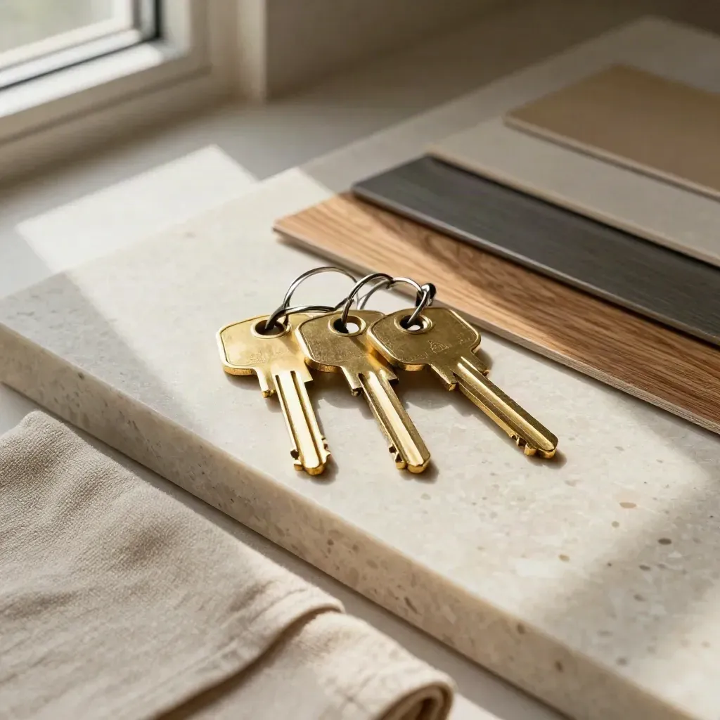 Brass house keys and material swatches arranged on a travertine runner in soft daylight.