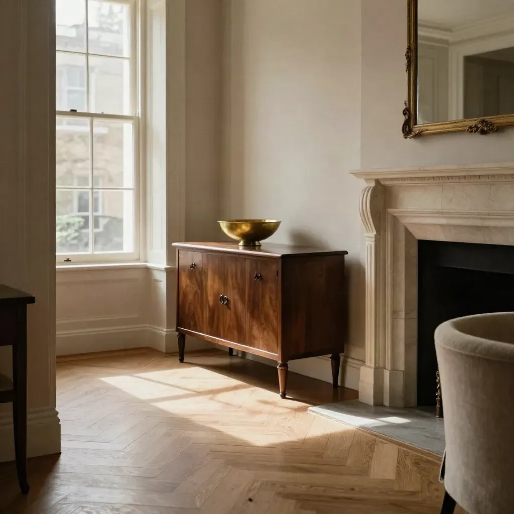 Prime Kensington reception room with herringbone floor, limestone fireplace and brass key bowl in morning light