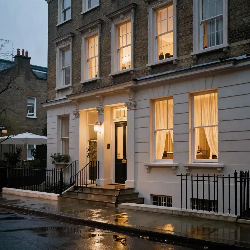 Blue-hour Chelsea townhouse façade with warm windows and wet limestone steps after rain