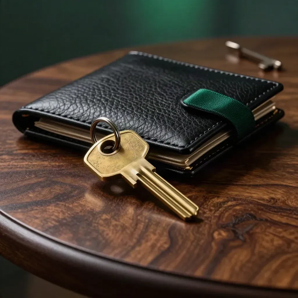 Brass key ring, black house key, and leather folio on walnut in dramatic light.