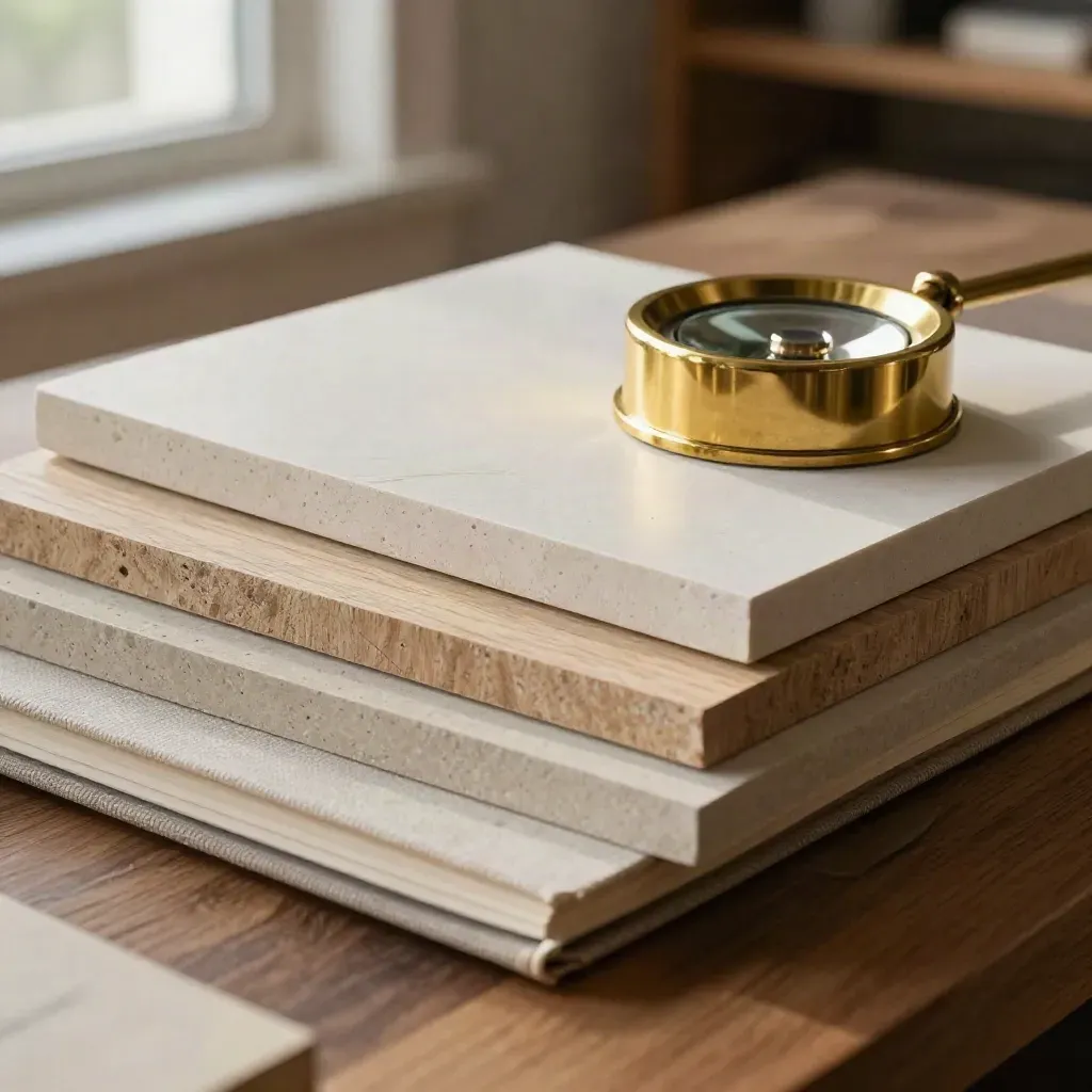 Macro of stone, oak and plaster samples with brass paperweight and closed notebook on a walnut bench.