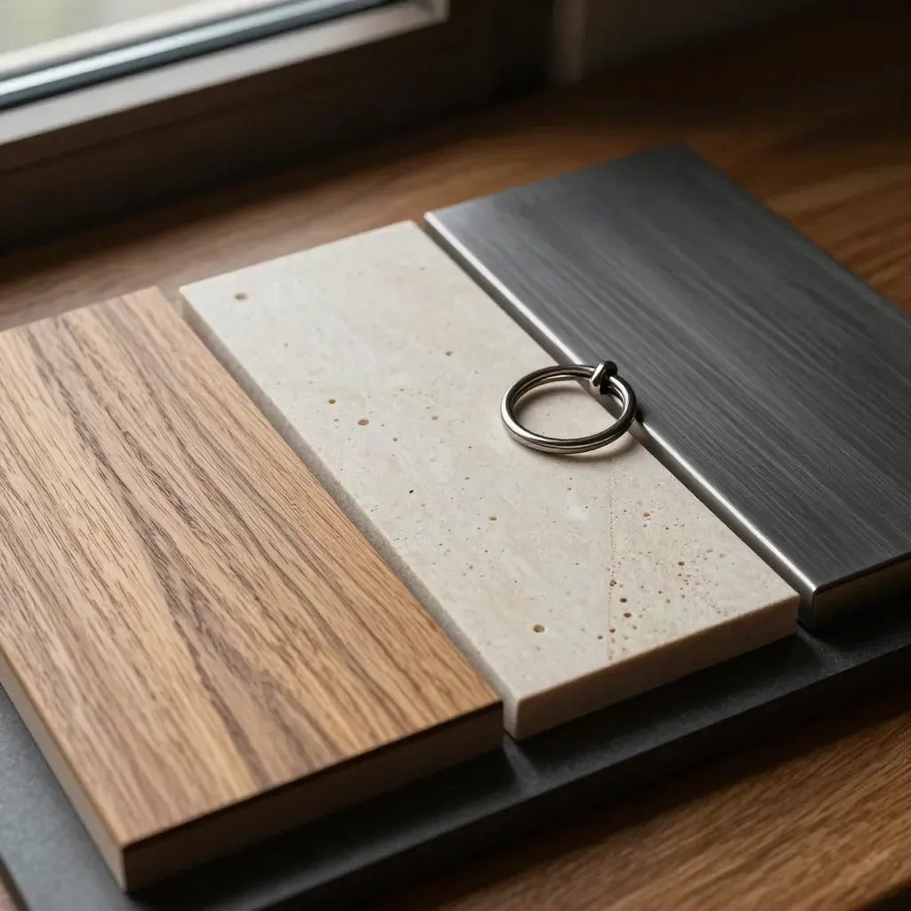 Oak veneer, limestone and brushed metal swatches with a dark key ring in dramatic macro light