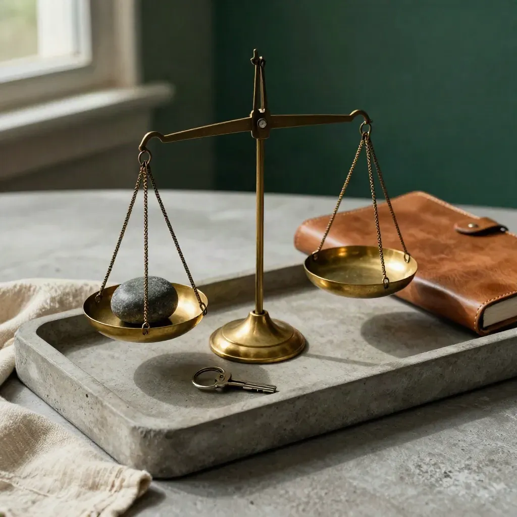 Brass balance scale, stone weight, key ring, and leather notebook on a concrete tray.